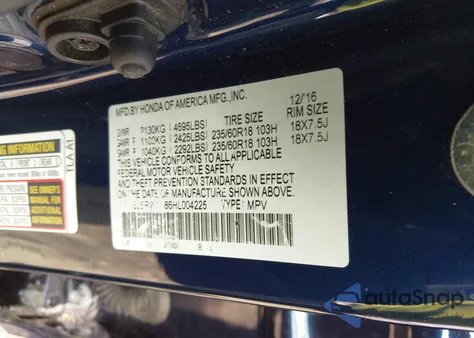 2017 Honda Cr-V Ex-L/Ex-L Navi из США, поврежденный, VIN 5J6RW1H86HL004225